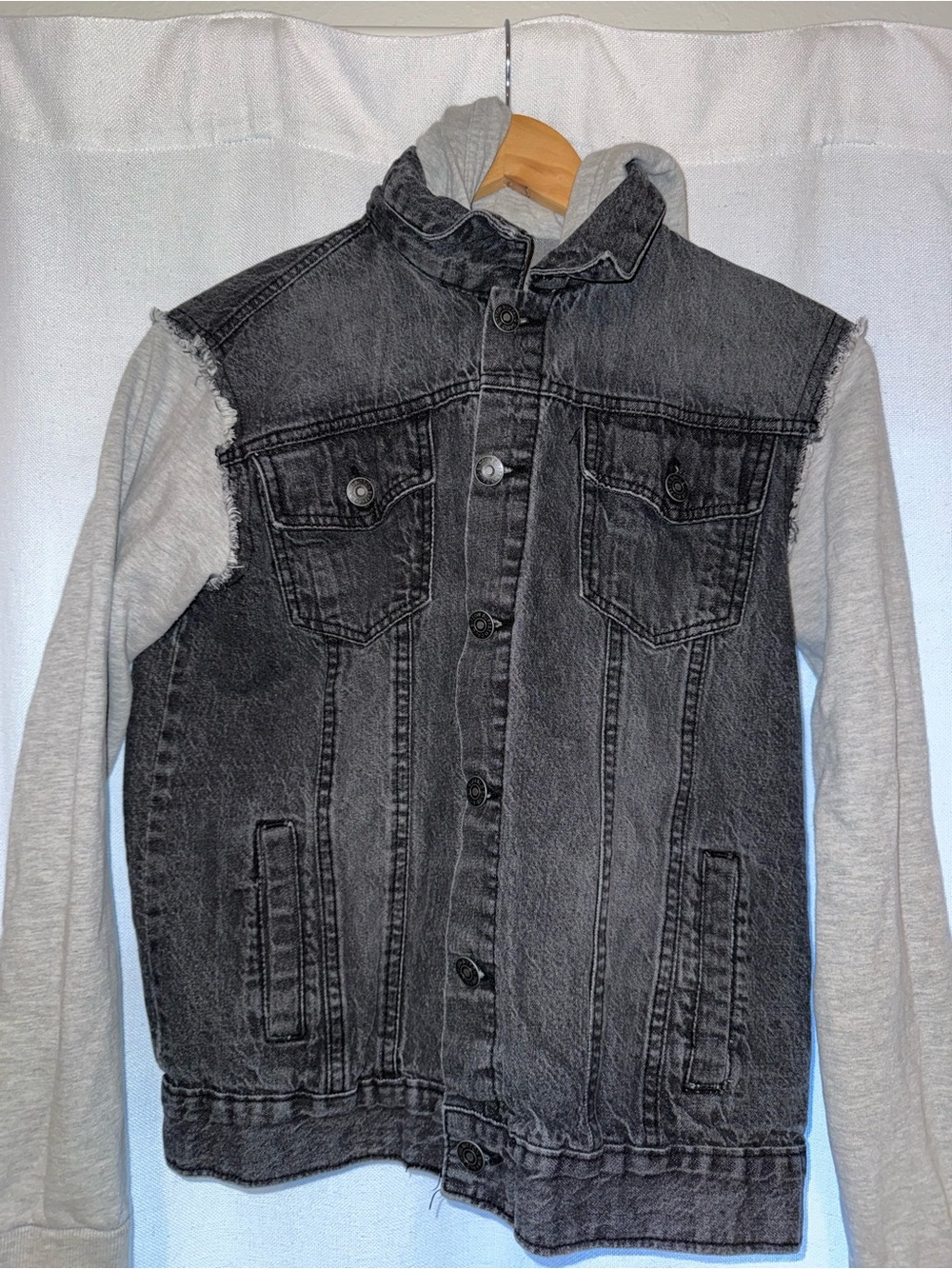 Buffalo David Bitton Black Washed Denim Jacket with Light Gray Hoodie Sleeves